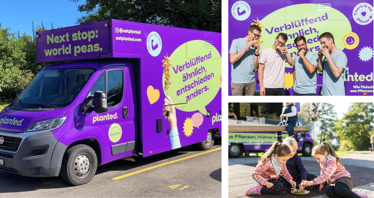 The Tasty Revolution food truck, people sampling Planted skewers, and children eating at a playground
